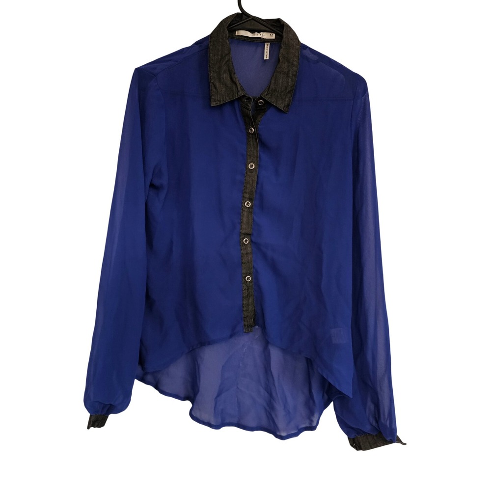 HALE Blue Sheer Button Up Collared Long Sleeve Shirt‎ Top Size M